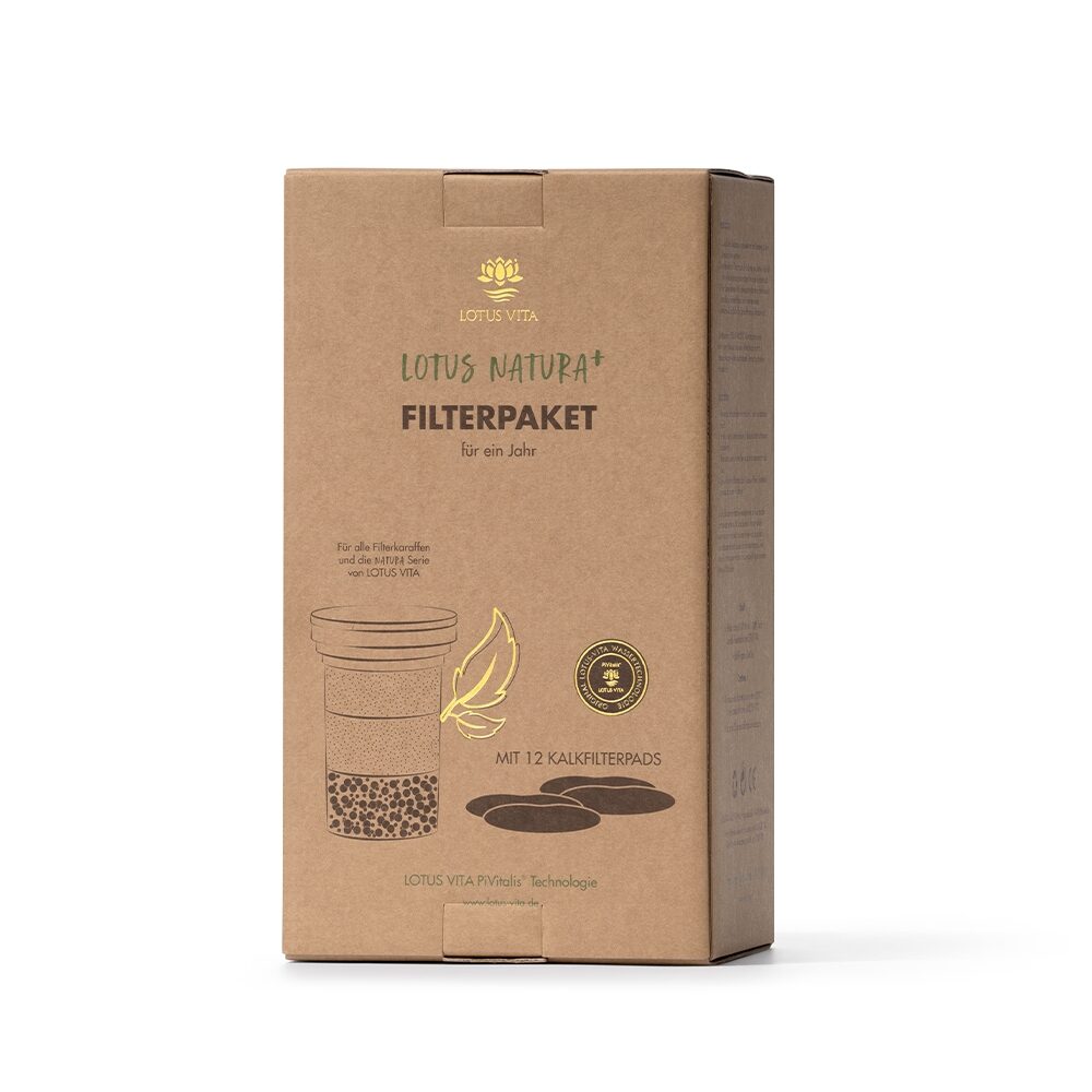 Produktbild: Jahrespaket 6 NATURA PLUS Filterkartuschen und 12 Kalkfilter-Pads Verpackung.