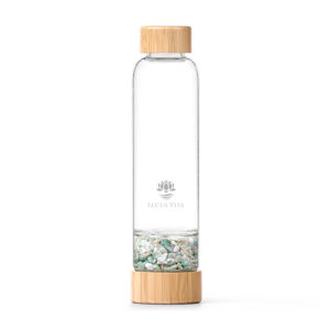 Produktbild: Glas-Kristallsteinflasche von Lotus Vita mit Amazonit und Milchopal.