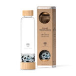 Produktbild: Glas-Kristallsteinflasche von Lotus Vita mit Aquamarin Obsidian und Verpackung.