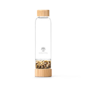 Produktbild: Glas-Kristallsteinflasche von Lotus Vita mit Tigerauge Goldener Beryll