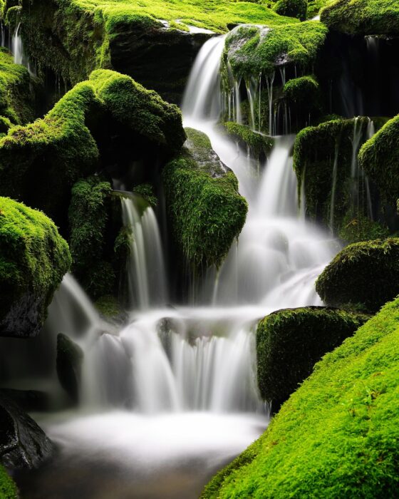 waterfall-5365926_1920 Stimmungsbild: Wasserfall zwischen moosbedeckten Felsen.