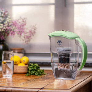 Impressionsbild: Die Filterkanne Esprit mit pistazien-grünem Deckel steht rechts auf einem Tisch, links ist ein gefülltes Wasserglas, hinter dem Glas sind ein Korb Zitronen, daneben ein Bund Minze.